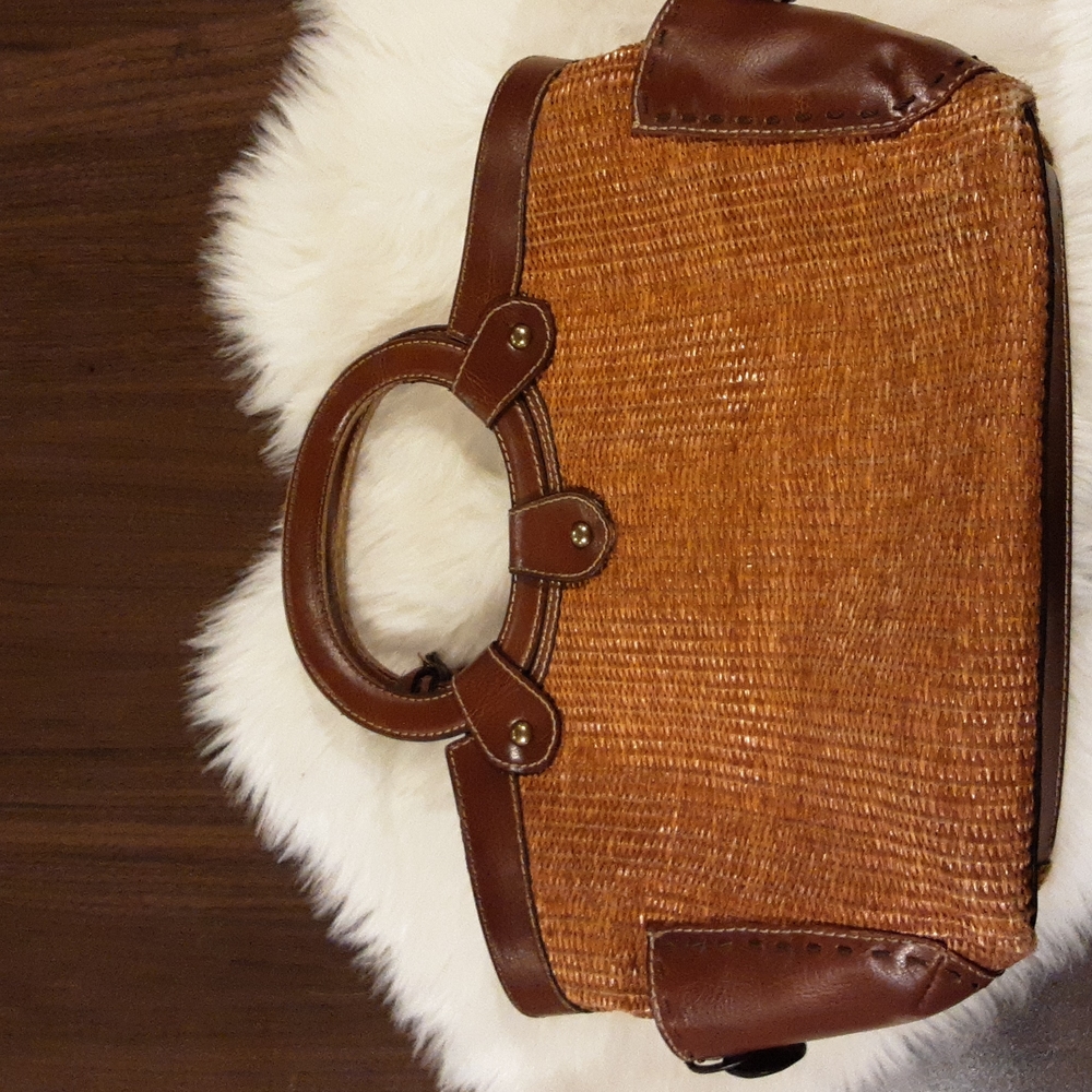 Fossil Vintage Brown Woven Straw Triple Compartment Satchel Purse Bag - Picture 1 of 7